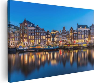 Artaza Canvas Schilderij Amsterdamse Grachten - 30x20 cm - Klein - Wanddecoratie Woonkamer - Muurdecoratie Boot - Kamer Accessoires