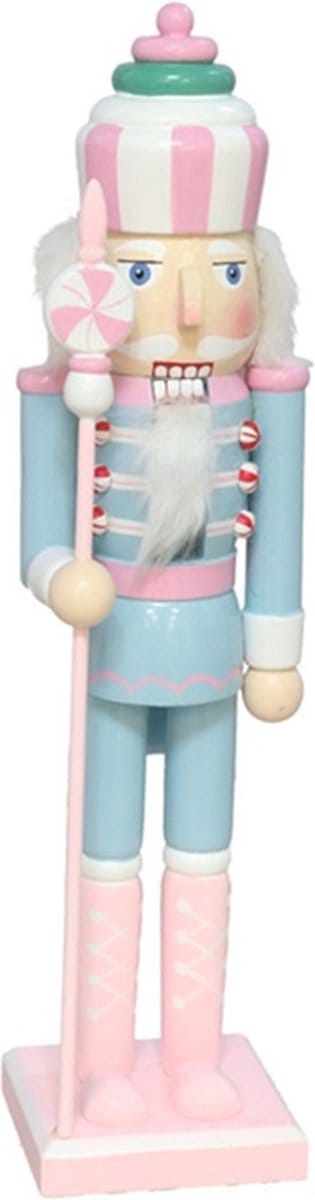 Gerimport Notenkraker decoratie beeld - 38 cm - pastel kleuren roze en blauw - hout -kerst