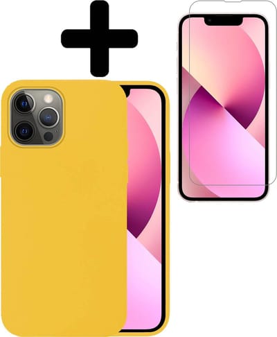 Hoesje - Met Screenprotector - Geschikt voor Apple iPhone 13 Pro - Sterk & Shockproof - Back Cover - Siliconen Case - Telefoon Hoes - Telefoonhoesjes - Geel