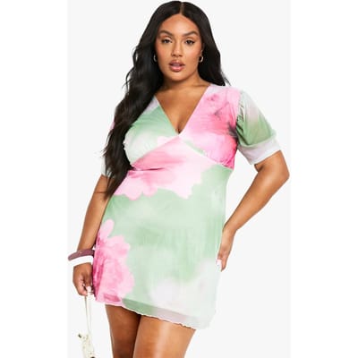 boohoo Dames Plus Bloemenmesh Mini-jurk met Pofmouwen | Mint | Maat: 16