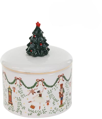 Goodwill Koektrommel-Opbergdoosje kerstboom en notenkraker Creme-Goud hoog 19 cm