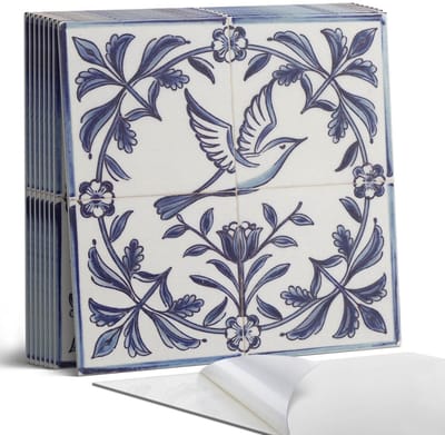 Coloray Plaktegels - Vogel tussen plantenmotief Portugese Tegels - 30 cm x 30 cm - Blauw Plaktegels - 9 stuks - Vierkant PVC Tegels - Plaktegels Keuken - Zelfklevende Vloertegels - Vinyl Tegels Zelfklevend - Zelfklevende Tegels