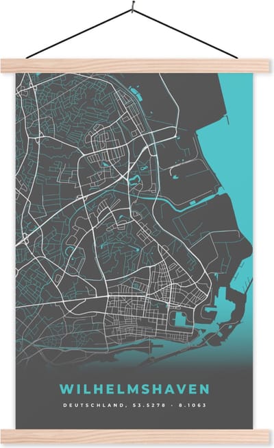 Posterhanger incl. Poster 40x60 cm - Schoolplaat - Blauw – Duitsland – Plattegrond – Stadskaart – Kaart – Wilhelmshaven - Textielposter - Blanke latten - Stadskaart