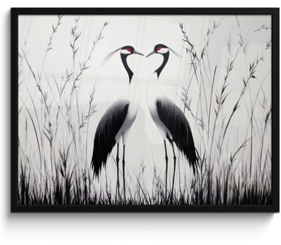 Poster in lijst - Fotolijst 70x50 cm - Posters - Kraanvogels - Gras - Hartvorm - Zwart - Posterlijst zwart - Decoratie - Wanddecoratie woonkamer - Muurdecoratie slaapkamer