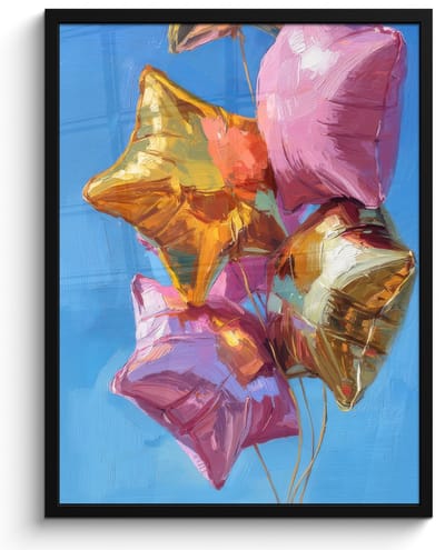 Poster in lijst - Fotolijst 60x80 cm - Posters - Ballonnen - Goud - Stervorm - Roze - Posterlijst zwart - Decoratie - Wanddecoratie woonkamer - Muurdecoratie slaapkamer