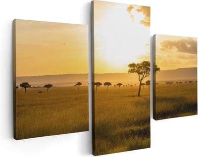 Artaza Canvas Schilderij Drieluik Zonsondergang In De Savanne - 90x60 - Foto Op Canvas - Canvas Print