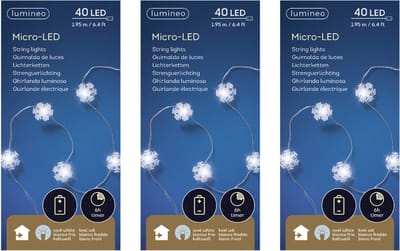 Lumineo Sneeuwvlokken lichtsnoer - 3x - wit - 40 led lampjes - 195 cm - timer - batterij - sneeuw/kerstverlichting