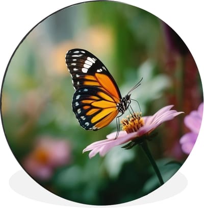WallCircle - Wandcirkel - Muurcirkel - Roze bloemen - Vlinder - Zachte focus - Aluminium - Dibond - 30x30 cm - Binnen en Buiten