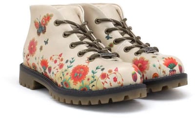 Goby Dames Veterboots – Bloemenprint Beige – Handgemaakt Vegan Leer – Damesboots – Maat 40
