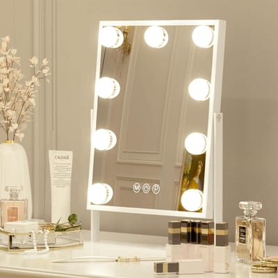 Make-up Spiegel met Verlichting – 360° Draaibaar – 9 Dimbare LED Lampen – 3 Lichtstanden (Warm/Koud/Natuurlijk) – Cosmetische Spiegel 25x30 cm