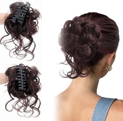 Messy Bun Haarstuk met Vlecht en Klem voor Korte Staart - Golvend en Krullend Haaraccessoire voor Dun Haar in Donkerbruin