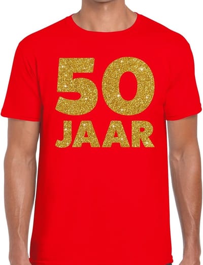 50 Jaar verjaardag - gouden glitters tekst - t-shirt - rood - heren - korte mouwen - Abraham pop kleding S