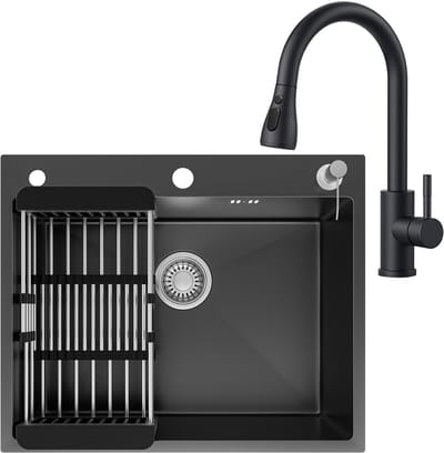 CECIPA max Spoelbak Antraciet 60x49CM - Spoelbakken Met Kraangat en Keukenkraan met Uittrekbare Uitloop - Spoelbak Met Zeepdispenser - Verstelbaar Afdruiprek - Incl. Sifon en Waterafvoersysteem