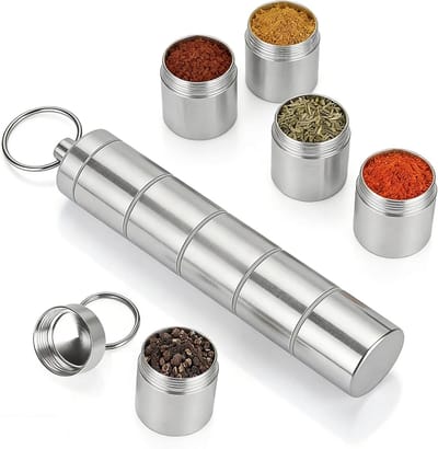 Kruidenpotje 5-in-1 voor camping en picknick, waterdicht en draagbaar, aluminium, 20 ml, ideaal voor kruiden en specerijen