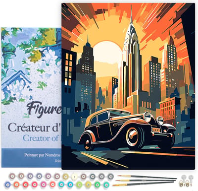 Figured'Art Schilderen op Nummer Volwassenen met lijst Art Deco Auto in New York- Handwerk acrylverf Kit DIY Compleet - 40x50cm Canvas al ingelijst