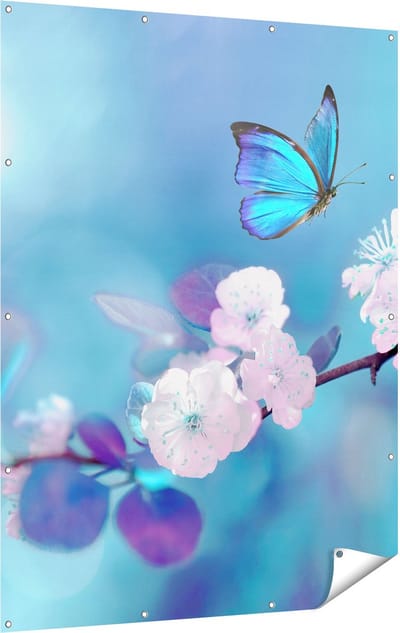Gards Tuinposter Blauwe Vlinder bij een Roze Bloem - 120x160 cm - Tuindoek - Tuindecoratie - Wanddecoratie buiten - Tuinschilderij
