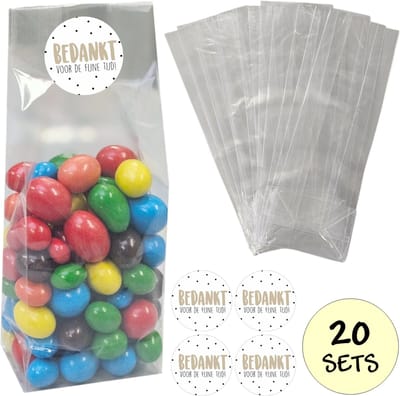 20x Blokbodem Uitdeelzakjes Met Sluitstickers - 20 Stickers & 20 Zakjes - Blokbodemzakjes - Cellofaanzakjes - Traktatie Zakjes - 80x50x250 mm - 20 Sets - Bedankt Voor De Fijne Tijd!