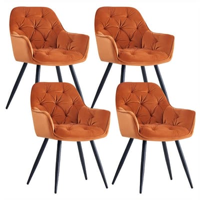 Eetkamerstoel – Stoel – Dining Chair – Bureaustoel – Armstoel – Fluwelen Bekleding – Metalen Poten – Stevig Houten Frame – Oranjekleurig