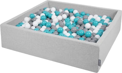 KiddyMoon Ballenbad voor kinderen Vierkant met 1000 ballen ∅7cm 120x30cm - Ballenbak voor Baby's - Ballenbak ballen kleurrijke - Met schuimvulling - Ballenbad foam - Voor sensorische - Hellgrau: Grijs Wit Turkoois