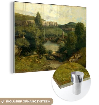 ® Glasschilderij 160x120 cm - Schilderij acrylglas - Gezicht op Ornans - Schilderij van Gustave Courbet - Foto op glas - Muurdecoratie woonkamer - Wanddecoratie slaapkamer - Schilderijen