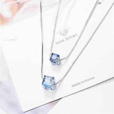 Nieuwe Aankomst Vrouwen Vierkant Aurira Kristalsuiker 925 Sterling Zilveren Sieraden Kristal Glanzend Kleurrijk Dubbele Rij Kettingen Xzn089 blauw