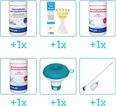 Zwembad Onderhoudspakket - Onderhoud Zwembad - bevat Chloor - Testrips - PH-min - PH-plus - Chloordrijver en Schoonmaakset (6-delig)
