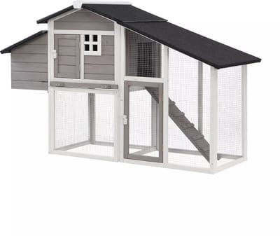 Vente-unique Kippenhok in hout met omheining - 4 kippen - L173 x D64 x H108 cm - Wit en grijs - LEVAS