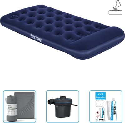 Bestway luchtbed - 1-Persoons - 99 x 188 x 28 cm - Blauw - Inclusief pomp - Hoeslaken - Pomp en Reparatieset