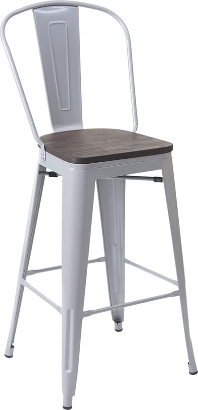 Barkruk MCW-A73 incl. houten zitting, barkruk met rugleuning, metalen industrieel ontwerp ~ grijs