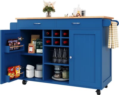 Blauw Keukeneiland - Mobiel Keukeneiland 102 cm - Met Wielen en Wijnrek - MDF Houtnerf