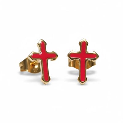 Aramat Jewels | Oorbellen | Goudkleurige Kruisjes Oorbellen Met Emaille Afwerking | Rood | |8mm | Staal | Kinderen, Volwassenen | Verkleurd niet