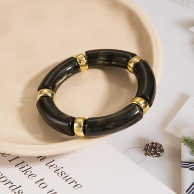 Persoonlijkheid Retro Meerkleurig Acryl Gebogen Armband voor Vrouwen Bedel Gebogen Bamboe Pijp Steenpatroon Armband Sieraden Accessoire Cadeau beige