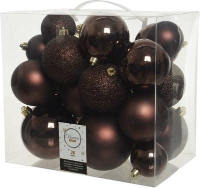 Decoris Kerstballen - 26x st - donkerbruin - 6-8-10 cm - kunststof - kerstversiering