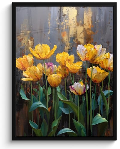Poster in lijst - Fotolijst 60x80 cm - Posters - Tulpen - Geel - Penseelstreken - Abstract - Posterlijst zwart - Decoratie - Wanddecoratie woonkamer - Muurdecoratie slaapkamer