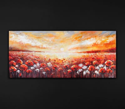 Canvas schilderij panoramisch 115x50 handgeschilderd scharlakenrode klaprozen bloemen – YS-Art Gallery – Luxe wanddecoratie voor woonkamer – Modern schilderij voor hal