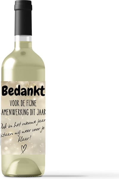 Wijnetiket - Bedankt voor de fijne samenwerking dit jaar | Ook in het nieuwe jaar staan we voor je klaar - Flesetiket - Cadeau - Jaarwisseling - Relatiegeschenk - Klanten - Kadootje - Kerstpakket