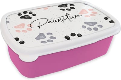 Broodtrommel Roze - Lunchbox - Brooddoos - Stay pawsitive - Honden - Quotes - Spreuken - 18x12x6 cm - Kinderen - Meisje