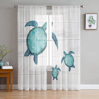 Zomer Strand Zeeschildpad Houtnerf Transparante Gordijnen Voor Woonkamer Slaapkamer Kinderkamer Tule Raambekleding Gordijnen 135W x 114H(cm) white