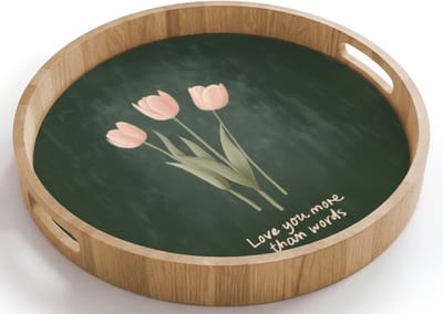 Dienblad rond 40x40 cm - Schootdienblad hout - Tulpen - Roze - Tekst - Love - Borrelplank rechthoek - Plateau houten dienbladen