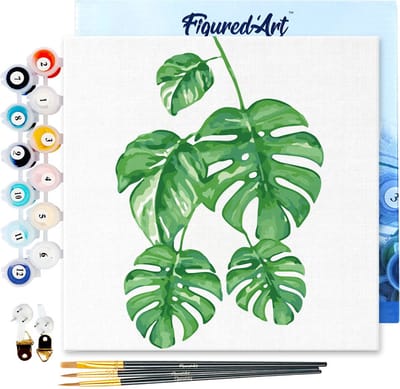 Figured'Art Mini Schilderen op Nummer Volwassenen 20x20cm met lijst Bladeren - Klein Formaat Creatieve Hobby Kit DIY Art Nummer Compleet