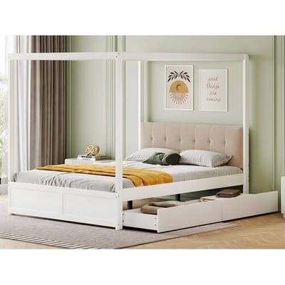 ModernLuxe Hemelbed van hout 140x200cm - met gestoffeerd hoofdbord en 2 lades - Wit