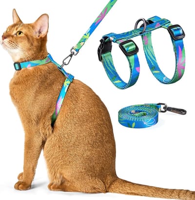 Set kattentuigjes en -lijnen - Verstelbaar anti-ontsnappingstuigje voor katten, comfortabel, zacht, lichtgewicht, gemakkelijk te gebruiken, geschikt voor wandelen en reizen met kleine, middelgrote en grote katten Kittentuigje (Hawaiiaans groen)