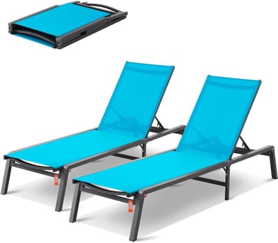Tuinligbed Aluminium - Lounge stoel Opvouwbaar - Buiten Ontspannen - 5 Verstelbare Posities - Set van 2 - Blauw