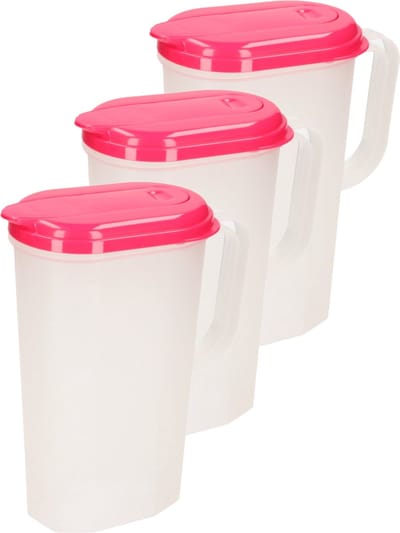 Plasticforte Waterkannen - 3x stuks - transparant - met deksel roze - 2 liter - kunststof - sapkannen - karaf - schenkkannen