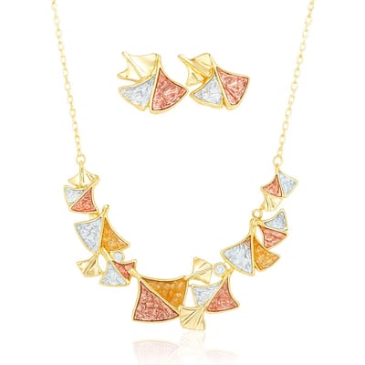 Rood-Blauw-Gouden Ginkgo Sieradenset – Dromerige Natuurblad Ketting en Oorbellen voor Elegante Vrouwen