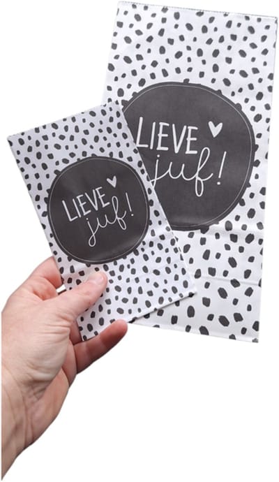 Kraft papieren zakken - Lieve juf 1x 14x8x26cm en 1x 9x5x16cm - school - leerkrach - jufvrouw - juffendag - onderwijs