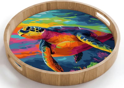 Dienblad rond 40x40 cm - Schootdienblad hout - Koraal - Schildpad - Abstract - Water - Borrelplank rechthoek - Plateau houten dienbladen