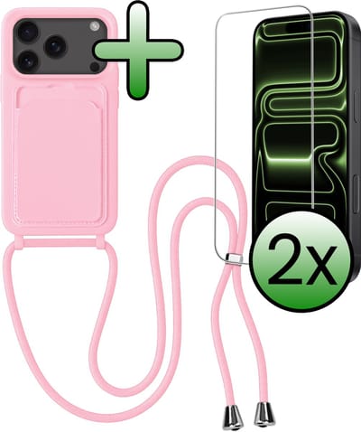 Hoes Geschikt voor iPhone 17 Pro Max Hoesje Pas Houder Case Hoes Met Koord Met 2x Screenprotector - Hoesje Geschikt voor iPhone 17 Pro Max Hoes Met Telefoonkoord Pasjeshouder Cover - Lichtroze