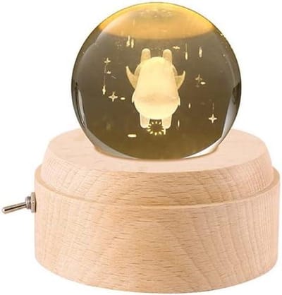 Muziekdoos Hout - Draaiende Decoratie - Kamer Decoratie - Kristallen Bol - 12 cm Hoog - Transparant