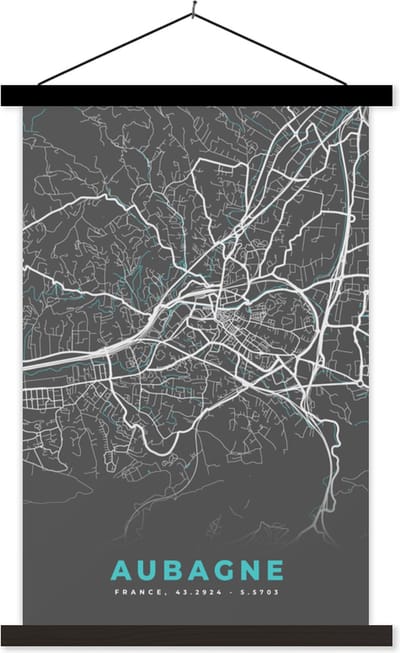 Posterhanger incl. Poster 40x60 cm - Schoolplaat - Aubagne - Plattegrond - Stadskaart - Frankrijk - Kaart - Textielposter - Zwarte latten - Stadskaart